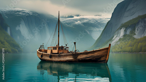 Wallpaper Mural Ancient Wooden Boat in a Serene Fjord, General AI  Torontodigital.ca