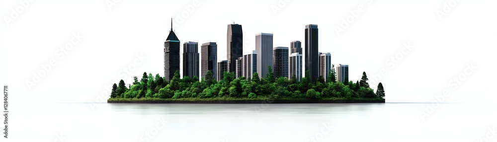 Fototapeta premium Modern city skyline over lush greenery.