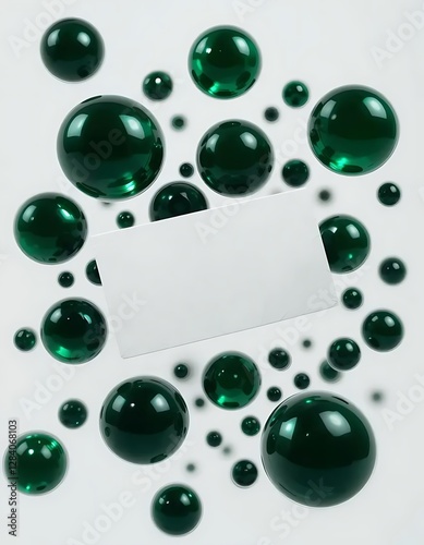 White business card surrounded by green spheres on a white background, creating a modern and clean design, perfect for branding and contact information.
