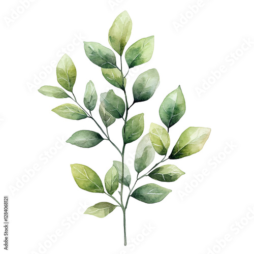 A watercolor painting of a green branch with leaves.