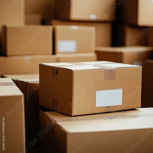 A stack of cardboard boxes in a warehouse, showcasing various sizes and a focus on one prominently placed in the foreground. photo