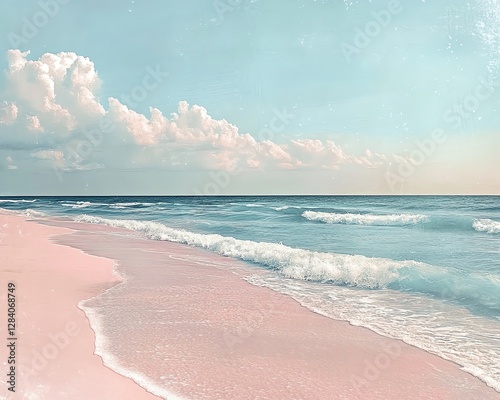 Serene beach with gentle waves and pastel skies. photo