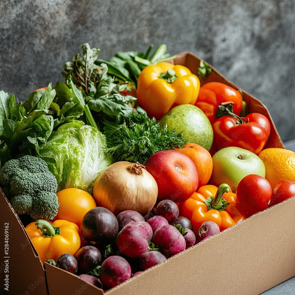 A vibrant assortment of fresh fruits and vegetables arranged in a cardboard box, showcasing a healthy and colorful bounty. A vibrant assortment of fresh fruits and vegetables arranged in a cardboard box, showcasing a healthy and colorful bounty.