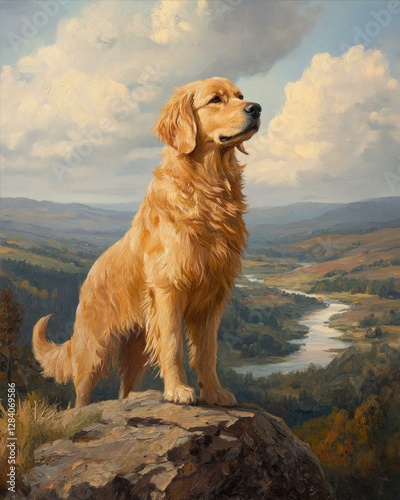 Golden Retriever Sits on Rocky Peak Overlooking River Landscape under Cloudy Sky Scene