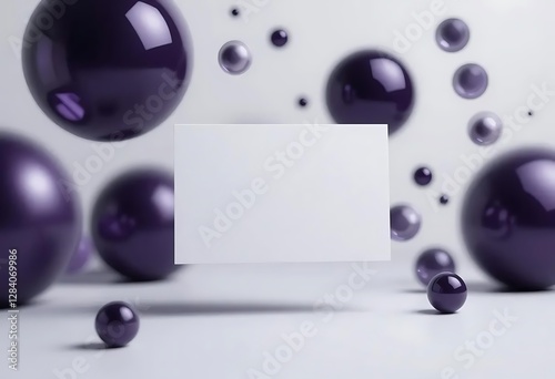 White business card centered among floating purple spheres on a light background, creating a modern and clean design, ideal for showcasing branding or contact information.