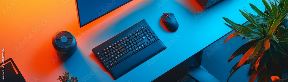 Desk Setup With Keyboard Mouse Monitor and Plant With Dual Toned Lighting Desk Setup With Keyboard Mouse Monitor and Plant With Dual Toned Lighting