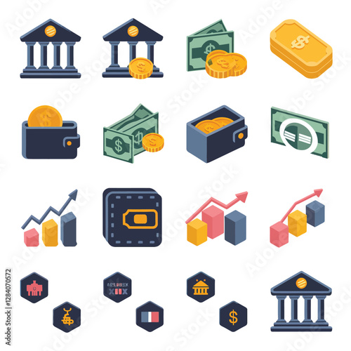 vector colorful economy trading graph cash money linked with curved dash line over the world bank 
