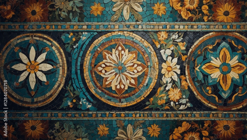 Decorative ancient mosaic backgrounds, featuring timeless floral and geometric patterns in an artistic banner set Decorative ancient mosaic backgrounds, featuring timeless floral and geometric patterns in an artistic banner set