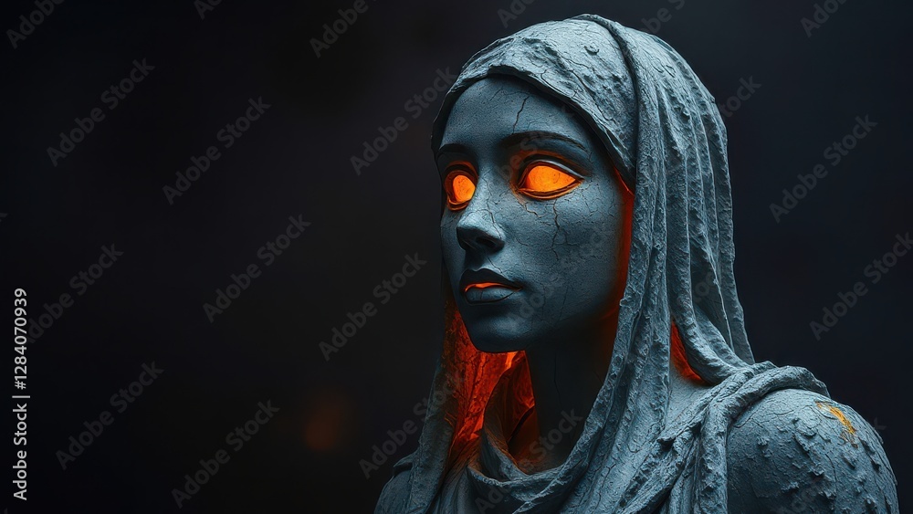 a weathered stone sculpture with a blurred face and an orange light glowing from within, set against a dark, smoky backdrop. a weathered stone sculpture with a blurred face and an orange light glowing from within, set against a dark, smoky backdrop.