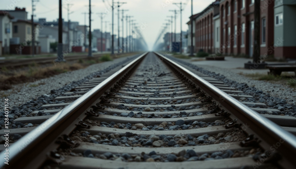 Railroad tracks stretch to horizon, pathway of steel and stone fading into distance. This evoke sense of journey Railroad tracks stretch to horizon, pathway of steel and stone fading into distance. This evoke sense of journey