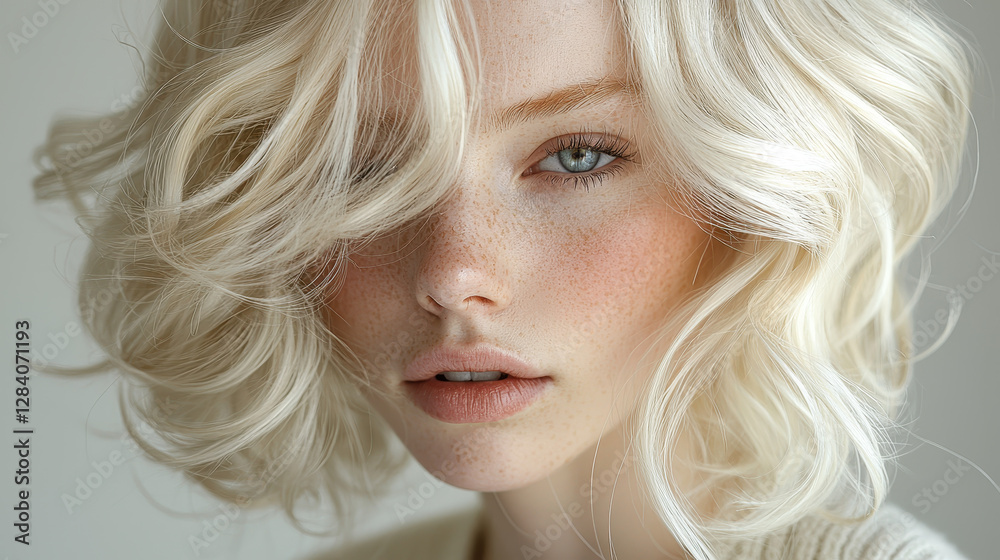 Woman with sleek asymmetrical bob hairstyle showcases cool-toned ash blonde hair with soft waves and detailed features in bright setting Woman with sleek asymmetrical bob hairstyle showcases cool-toned ash blonde hair with soft waves and detailed features in bright setting