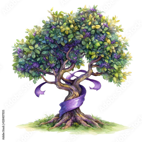 Enchanting purple ribbon tree watercolor painting nature art fantasy botanical illustration