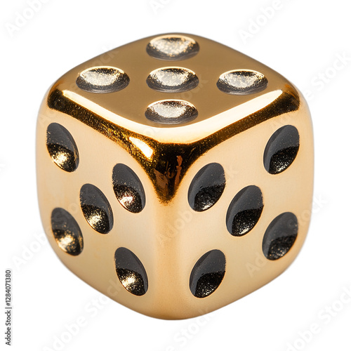 A shiny golden die with black dots against a plain white background.