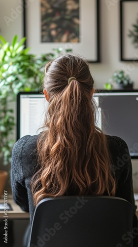 Woman Working on Computer in Cozy Indoor Setting With Ambient Lighting and Pl...