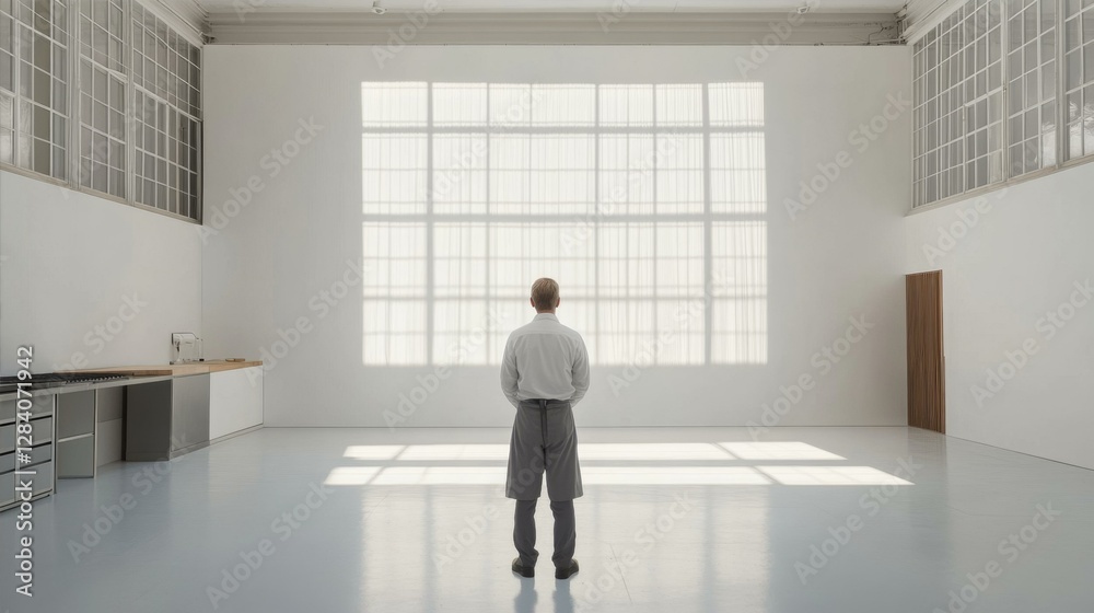 Fototapeta premium Person Standing in Minimalist Room Facing Large Lit Window Interior Design Simple Space
