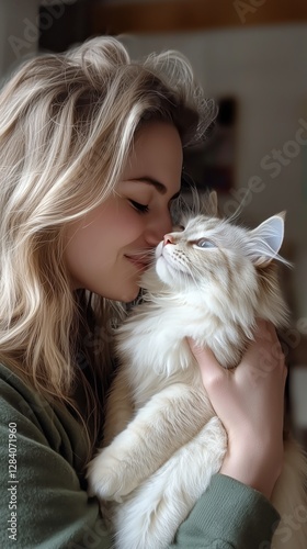 Warm Embrace Between a Woman and Her Fluffy Cat in a Winter Setting