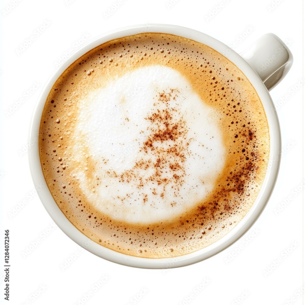 Frothy Cappuccino Top View in White Mug with Brown Powder Sprinkle and Foamy Milk Drink Frothy Cappuccino Top View in White Mug with Brown Powder Sprinkle and Foamy Milk Drink