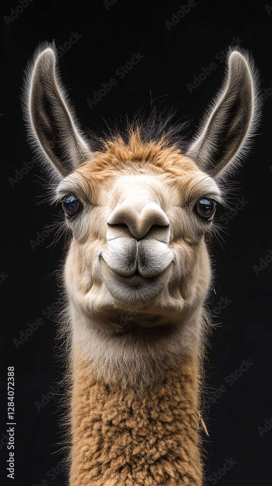 Obraz premium a close-up against a dark background and shows the llama smiling.