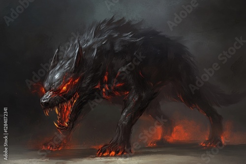 A fiery black wolf with glowing red eyes is ready to attack