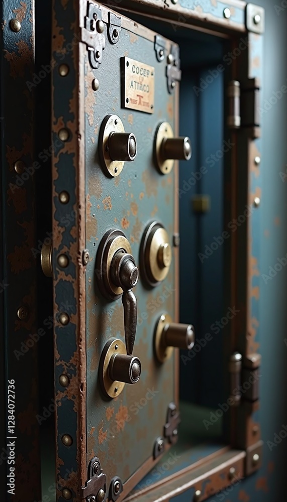 Fototapeta premium Steampunk Door Industrial Metal Round Circular Mechanism Gears Rivets Handle Portal Entrance Exit Secure Heavy Strong Mystery Hidden