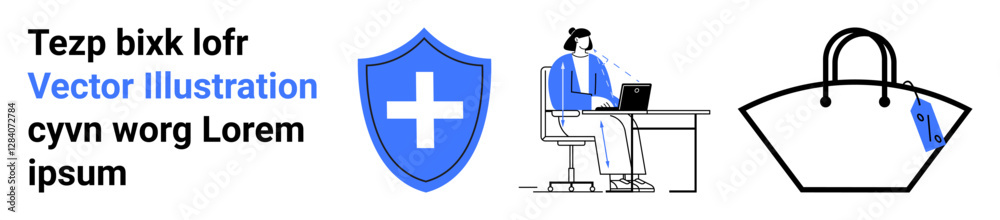 Blue medical shield, woman working on a laptop at a desk, handbag with a price tag. Ideal for healthcare, remote work, e-commerce, technology, workplace safety, health awareness flat landing page Blue medical shield, woman working on a laptop at a desk, handbag with a price tag. Ideal for healthcare, remote work, e-commerce, technology, workplace safety, health awareness flat landing page