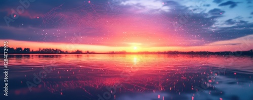 Vibrant sunset over lake with dreamlike web and sparkles in tranquil evening sky