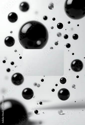 White business card floating among black spheres on a white background, creating a modern and abstract design, perfect for branding or contact information.
