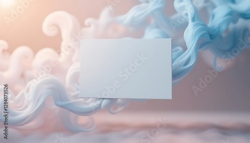A blank white business card centered on a backdrop of swirling blue and white smoke, creating an artistic and modern setting, ideal for professional branding or contact information.
