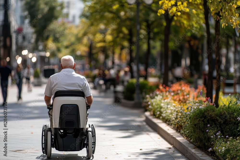 Obraz premium A senior man comfortably rides in a modern wheelchair, enjoying the beauty of an urban park, reflecting independence and accessibility in contemporary settings.