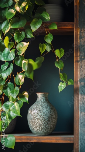 Sunlight Filtering Through Leaves Illuminating a Vase on a Wooden Shelf in a ...