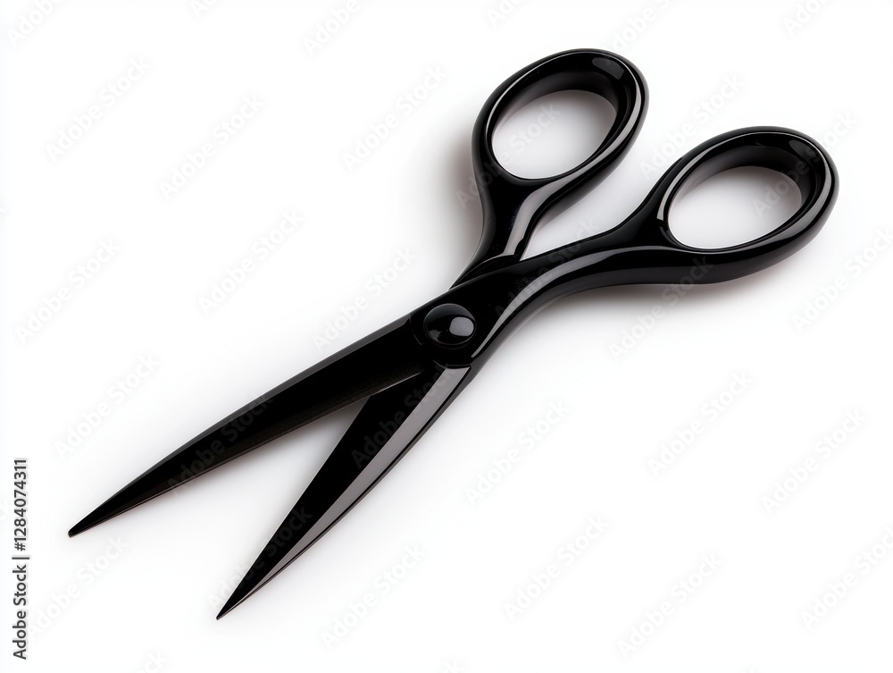 A close-up view of sharp black scissors on a white background for creative projects. A close-up view of sharp black scissors on a white background for creative projects.