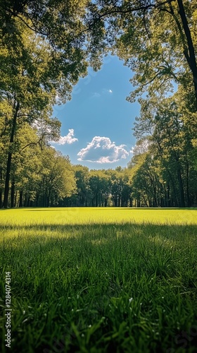 Lush Green Meadow Surrounded by Trees on a Sunny Day in a Serene Park