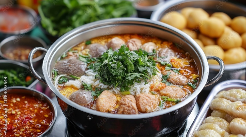 Savory Hot Pot with Meatballs Noodles and Greens Ready for Serving Meal Food Preparation Savory Hot Pot with Meatballs Noodles and Greens Ready for Serving Meal Food Preparation