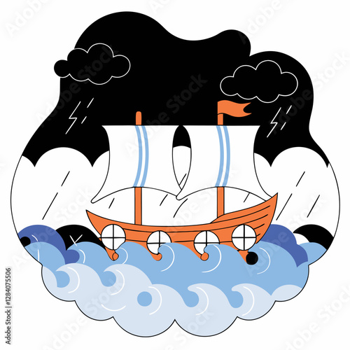 Stormy Seas Sailboat Illustration:  Orange Wooden Ship, Blue Waves.
