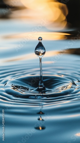 Water Droplet Creates Rippling Waves at Sunset Over a Calm Lake in This Peace...