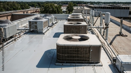 White large industrial air conditioning system on the roof of a commercial building