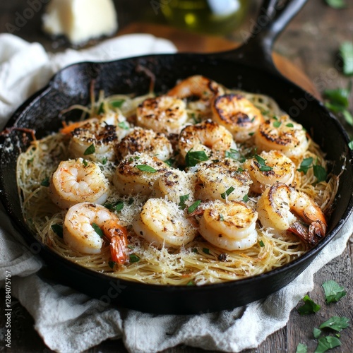 Shrimp and Angel Hair Pasta in Skillet with Grated Cheese and Parsley Garnish photo