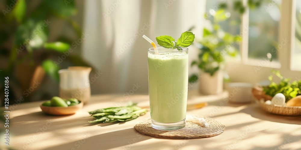 Fototapeta premium A green smoothie on a table with carrots and kale