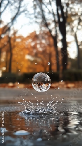 Water Droplet Creates Splash in Autumn Park With Vibrant Foliage and Soft Sun...