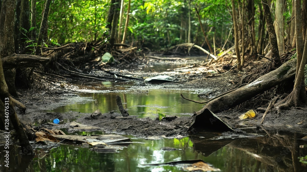 Dirty river filled with plastic and debris polluting the natural ecosystem Dirty river filled with plastic and debris polluting the natural ecosystem