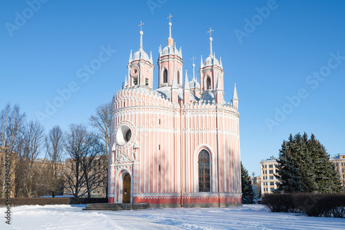 The ancient Church of the Nativity of John the Baptist (Chesmenskaya Church, 1777-1780) on a sunny February day. Saint Petersburg, Russia photo