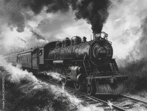 Steam Train Journey Through Stormy Clouds Moving Across Tracks With Smoke And Passenger Cars