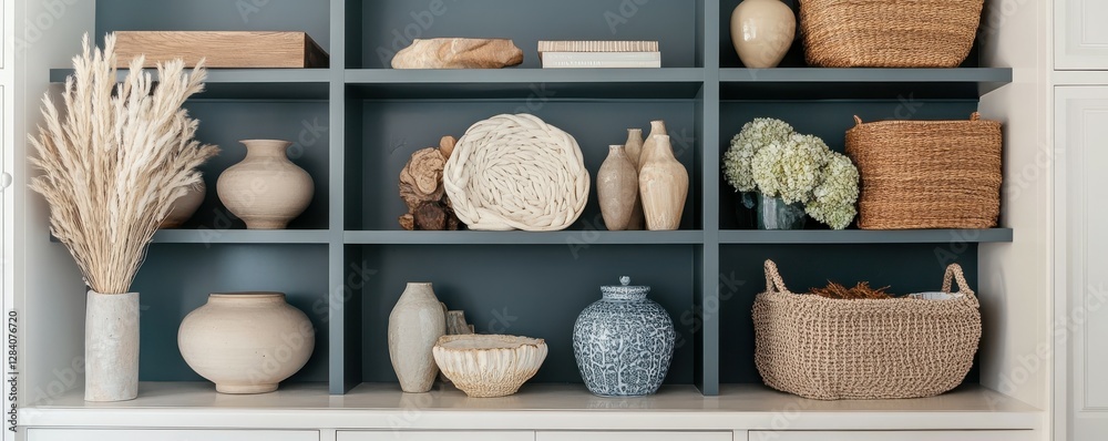 Stylish shelving unit with ceramic vases, woven baskets, and decorative plants