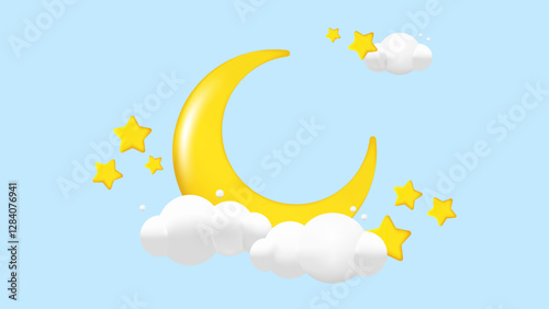 3D Cartoon Golden Crescent Moon with Stars and Clouds on Blue Sky Background – Perfect for Dreamy Designs, Banners, Booklets, and Posters – Vector Illustration
