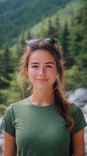 Young Woman in Green Blouse Enjoying Nature on a Sunny Day With Mountains in ...