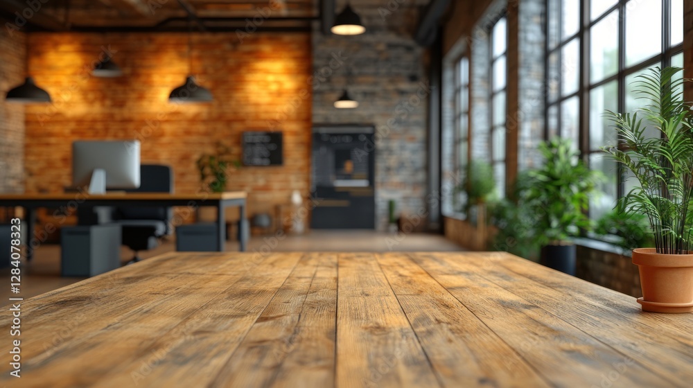 Rustic wooden table in a modern industrial office space with brick walls, large windows, and plants. Rustic wooden table in a modern industrial office space with brick walls, large windows, and plants.