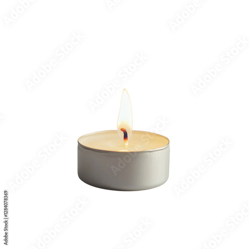 Tiny Tea Light Candle Flickers Isolated on Transparent Background