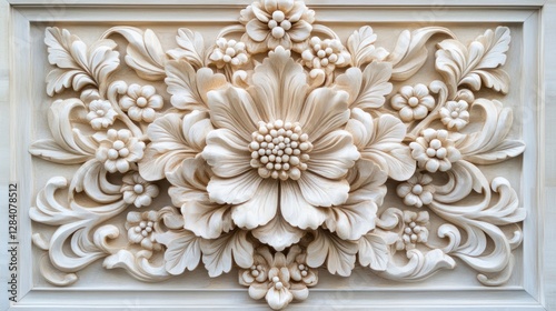 Intricate floral stone carving, wall decor, background texture