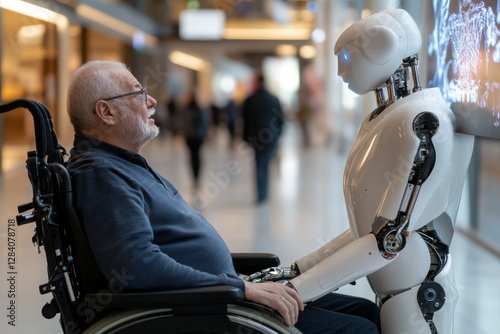 A senior man converses face-to-face with an advanced robot, highlighting the evolution of robotics and its potential to enrich human experiences in everyday life.