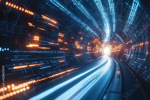 Futuristic digital tunnel with glowing blue and orange lights, cyber highway, abstract technology background